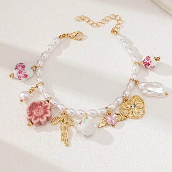 Jewelry - Multicolor Boho Women's Ceramic Bow Heart Multi Charm